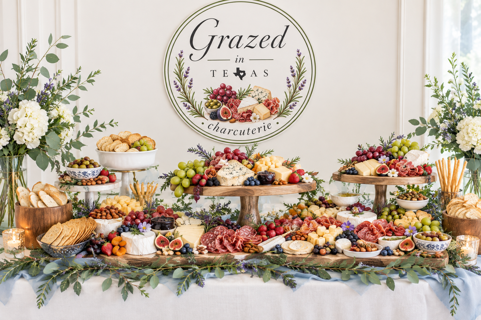 Elevated grazing table styled on wooden risers with cheeses, meats, fruit, and flowers